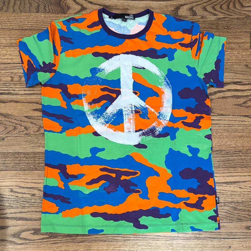 Love Moschino Green, Orange & Blue Camo Peace Sign Tee XL